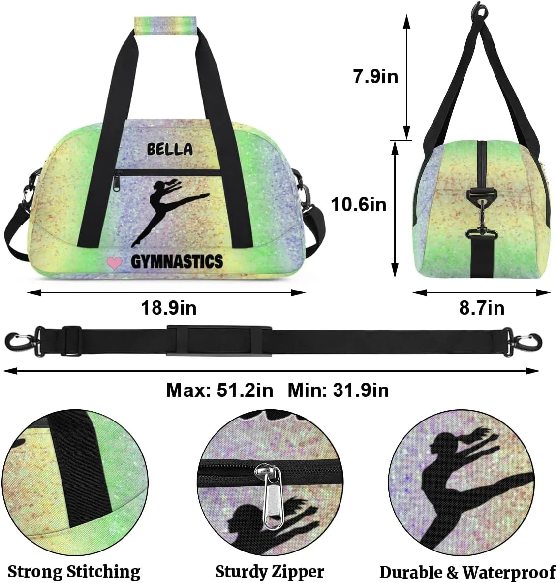 Personalized Gym Dance Bag Girls, Custom Name Sport Ballerina Fitness Duffle Love Gymnastics Bag Travel Weekender Lightweight Bags, Colorful Glitters Sequins Yellow Green