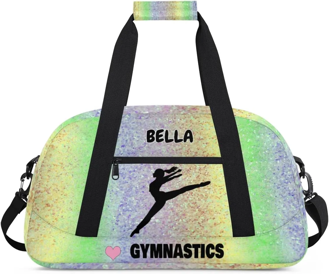 Personalized Gym Dance Bag Girls, Custom Name Sport Ballerina Fitness Duffle Love Gymnastics Bag Travel Weekender Lightweight Bags, Colorful Glitters Sequins Yellow Green