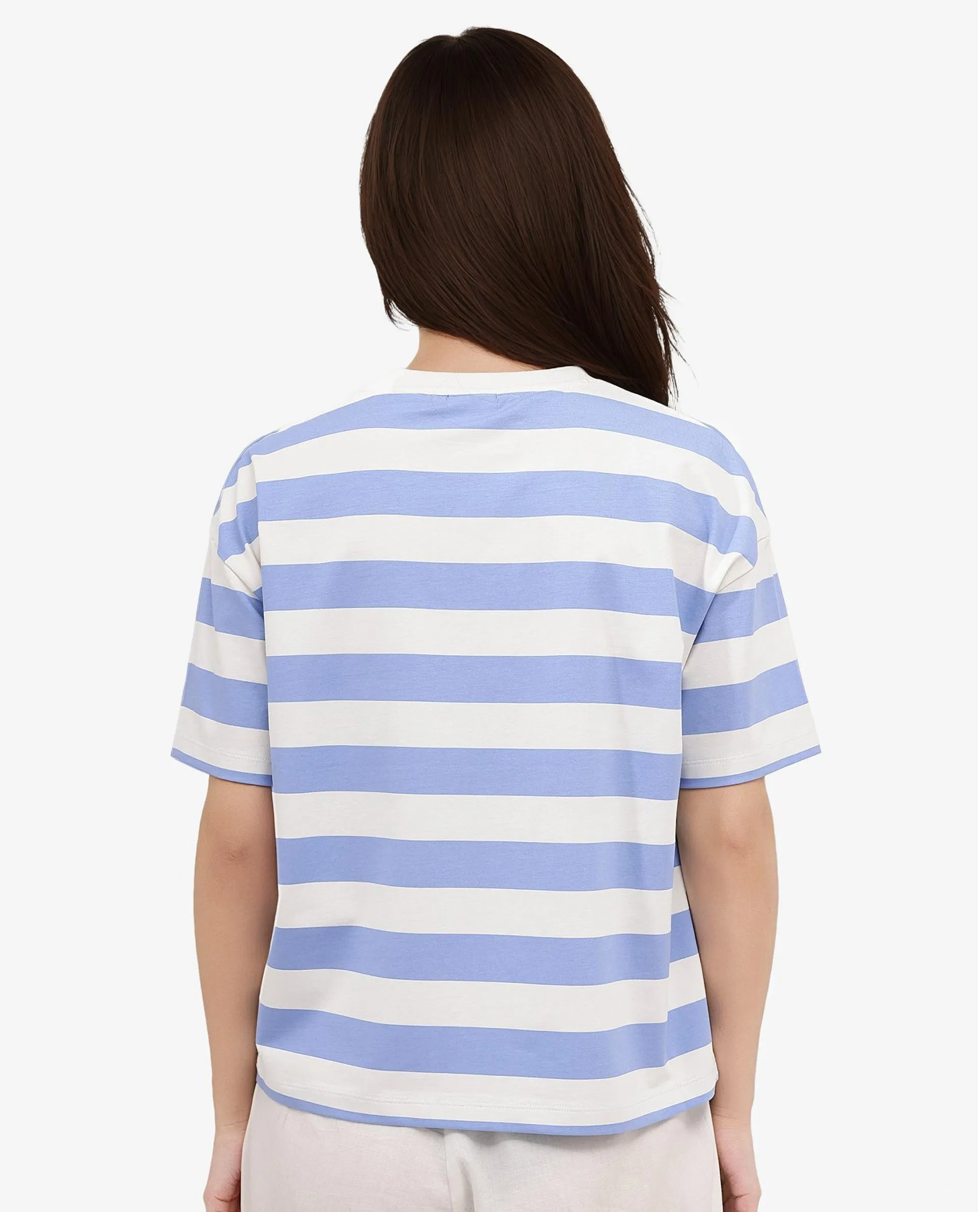 Rareism Women Prandant Blue Cotton Elastane Fabric Crew Neck Knit Stripe T-Shirt