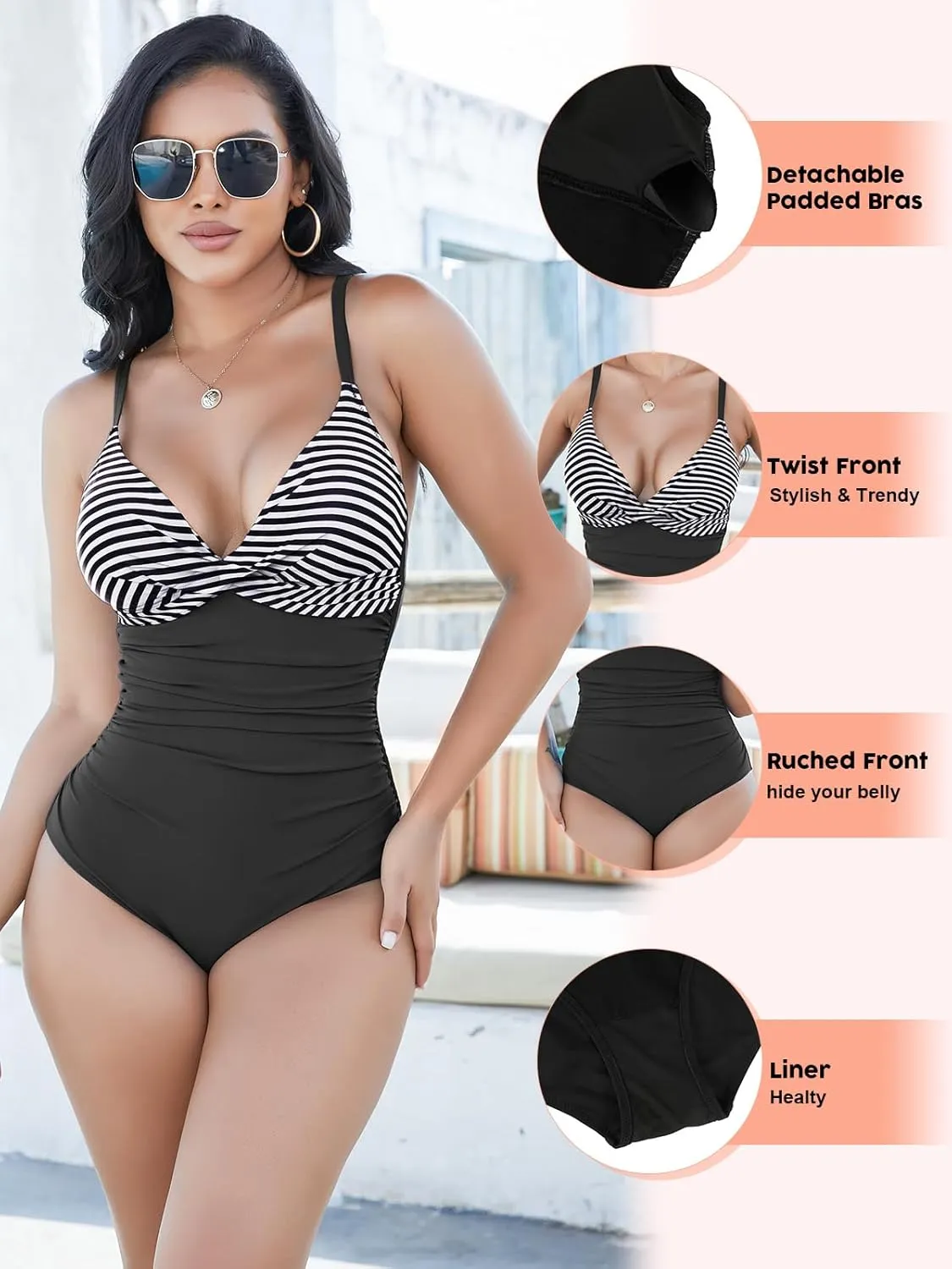 SHAPERIN Women's One Piece Swimsuits Tummy Control High Waisted Bathing Suits Padded Push Up Shapewear Swimwear Monokini