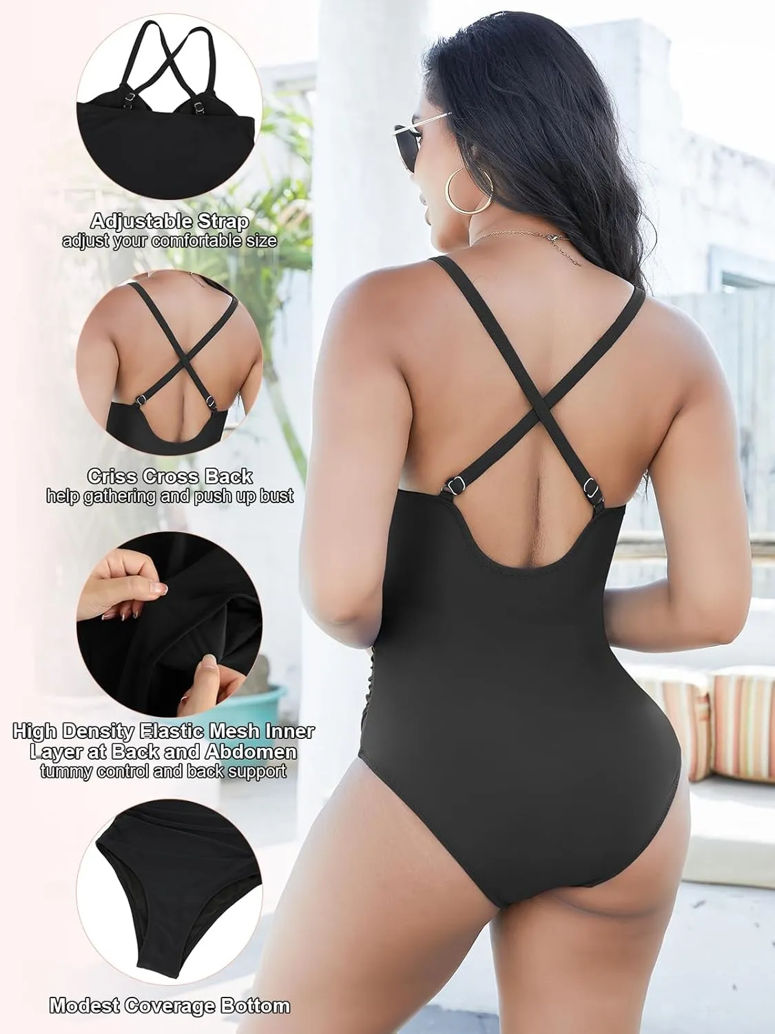 SHAPERIN Women's One Piece Swimsuits Tummy Control High Waisted Bathing Suits Padded Push Up Shapewear Swimwear Monokini