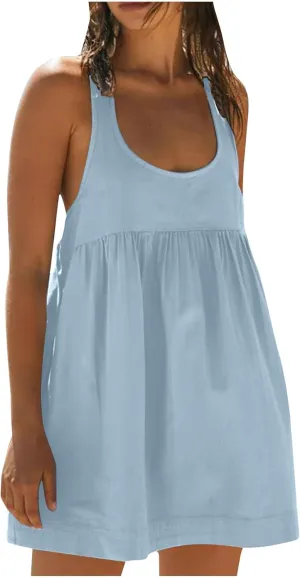 Sinzelimin Summer Dresses for Women 2024 Trendy Sleeveless Oversized Sweatshirt Dress Pleated Tank Midi Dress Beach Sundress