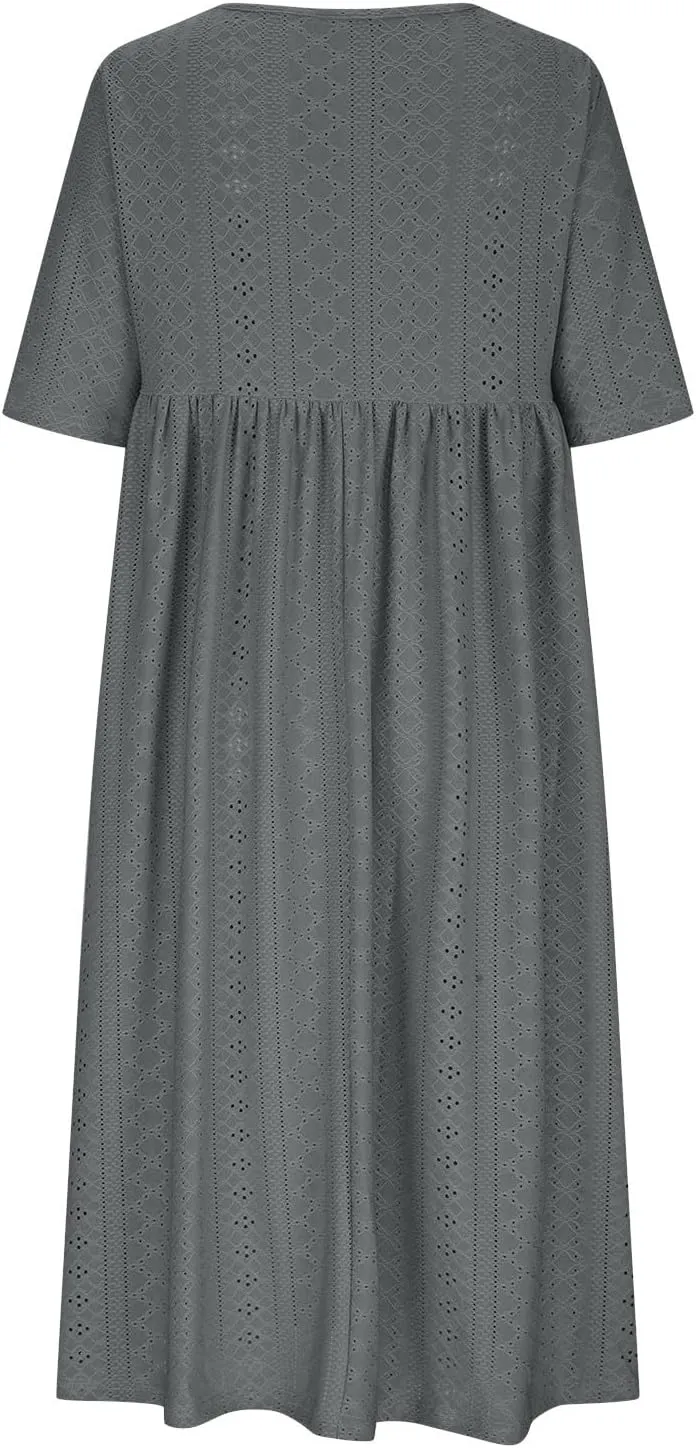 Sinzelimin Women Midi Dress Fashion Hollow Breathable Short Sleeves O-Neck Eyelet Mid-Calf Dress Summer Beach Casual Sundress