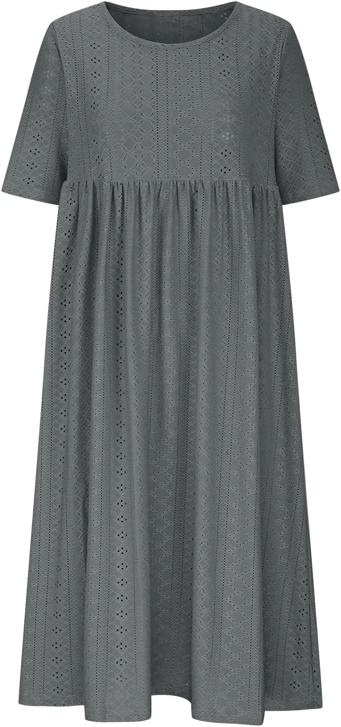 Sinzelimin Women Midi Dress Fashion Hollow Breathable Short Sleeves O-Neck Eyelet Mid-Calf Dress Summer Beach Casual Sundress