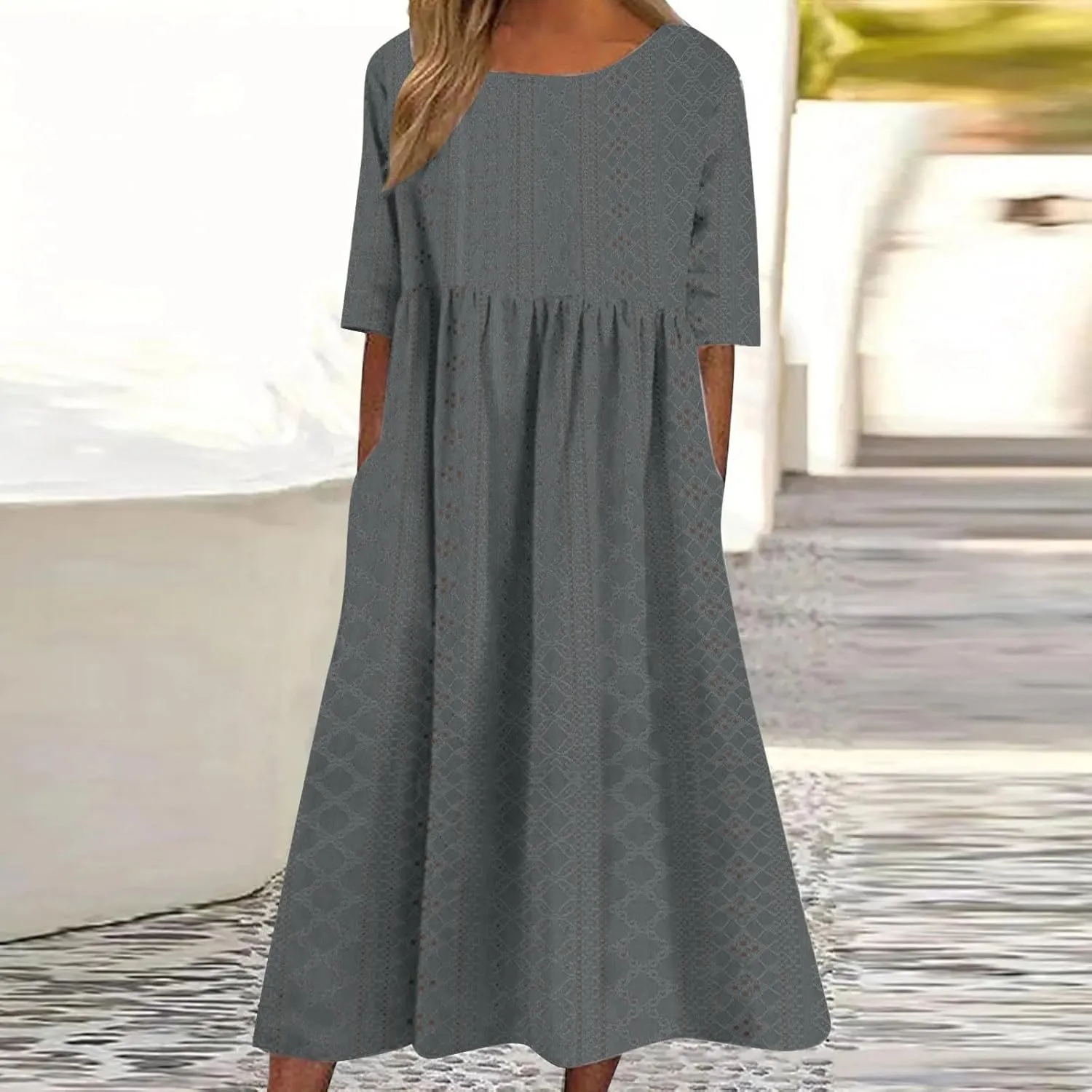 Sinzelimin Women Midi Dress Fashion Hollow Breathable Short Sleeves O-Neck Eyelet Mid-Calf Dress Summer Beach Casual Sundress