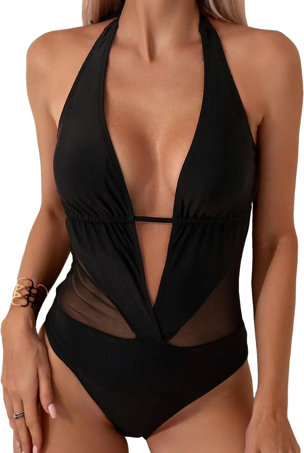 SOLY HUX Women's One Piece Swimsuits Deep V Neck Halter Mesh Monokini Bathing Suits Beachwear