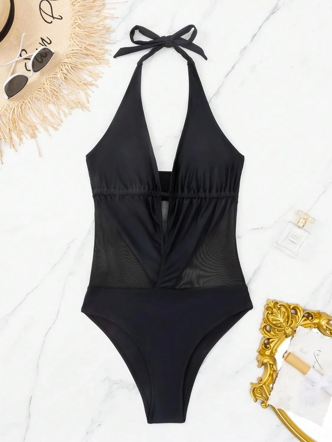 SOLY HUX Women's One Piece Swimsuits Deep V Neck Halter Mesh Monokini Bathing Suits Beachwear