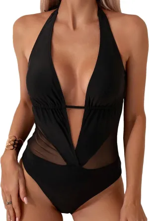 SOLY HUX Women's One Piece Swimsuits Deep V Neck Halter Mesh Monokini Bathing Suits Beachwear