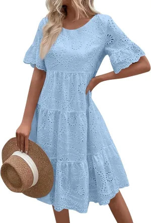 Summer Dresses for Women 2024 Round Neck Short Sleeve Skirt Embroidered Lace Hollow Out Dress Casual Clothes