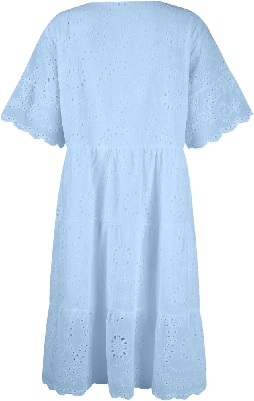 Summer Dresses for Women 2024 Round Neck Short Sleeve Skirt Embroidered Lace Hollow Out Dress Casual Clothes