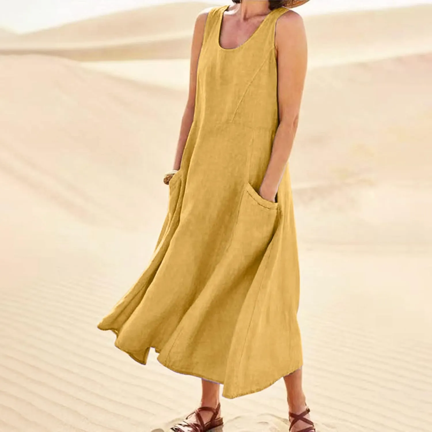Summer Dresses for Women 2025 Cotton Linen Sleeveless Maxi Tank Dress Casual Beach Plus Size Sundresses with Pockets