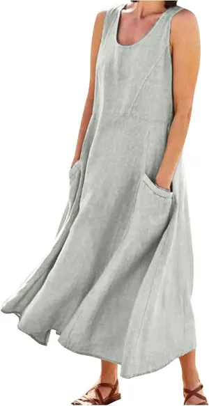 Summer Dresses for Women 2025 Cotton Linen Sleeveless Maxi Tank Dress Casual Beach Plus Size Sundresses with Pockets