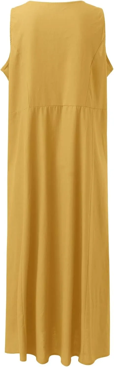 Summer Dresses for Women 2025 Cotton Linen Sleeveless Maxi Tank Dress Casual Beach Plus Size Sundresses with Pockets