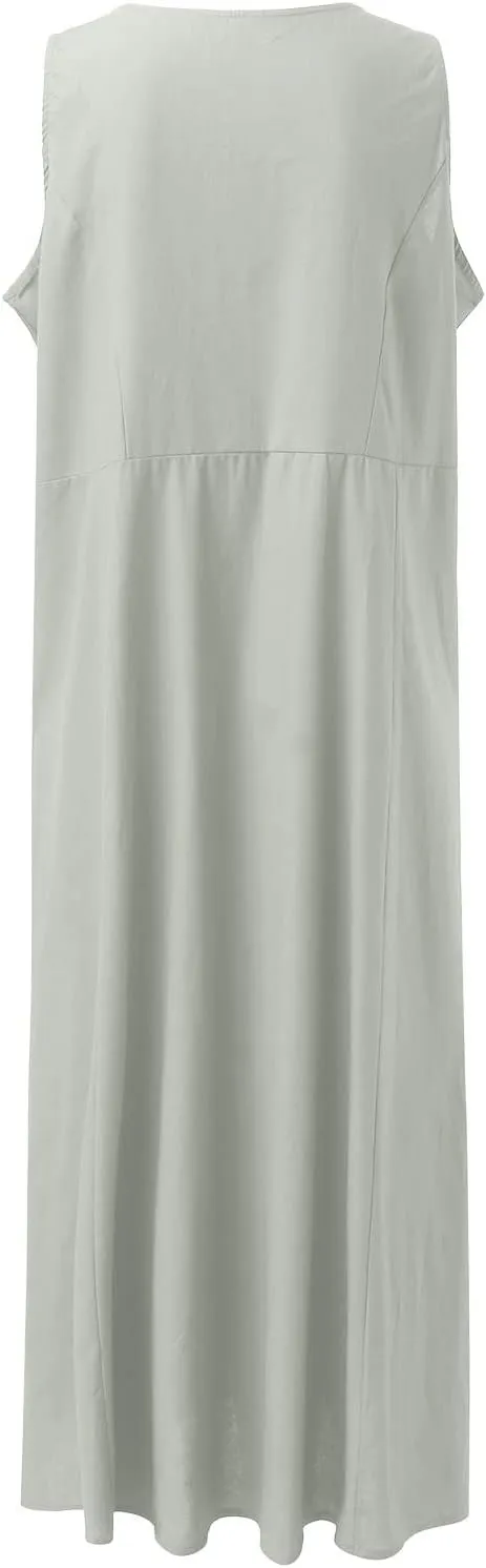 Summer Dresses for Women 2025 Cotton Linen Sleeveless Maxi Tank Dress Casual Beach Plus Size Sundresses with Pockets