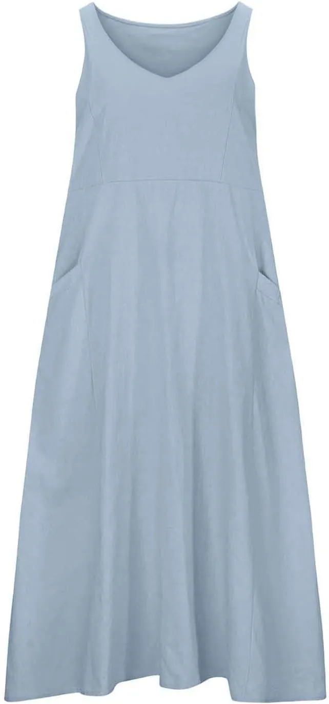 Summer Dresses for Women 2025 Cotton Linen Sleeveless Maxi Tank Dress Casual Beach Plus Size Sundresses with Pockets