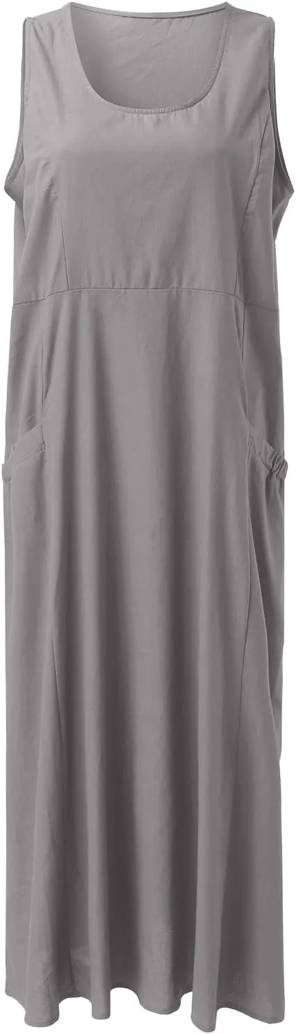 Summer Dresses for Women 2025 Cotton Linen Sleeveless Maxi Tank Dress Casual Beach Plus Size Sundresses with Pockets