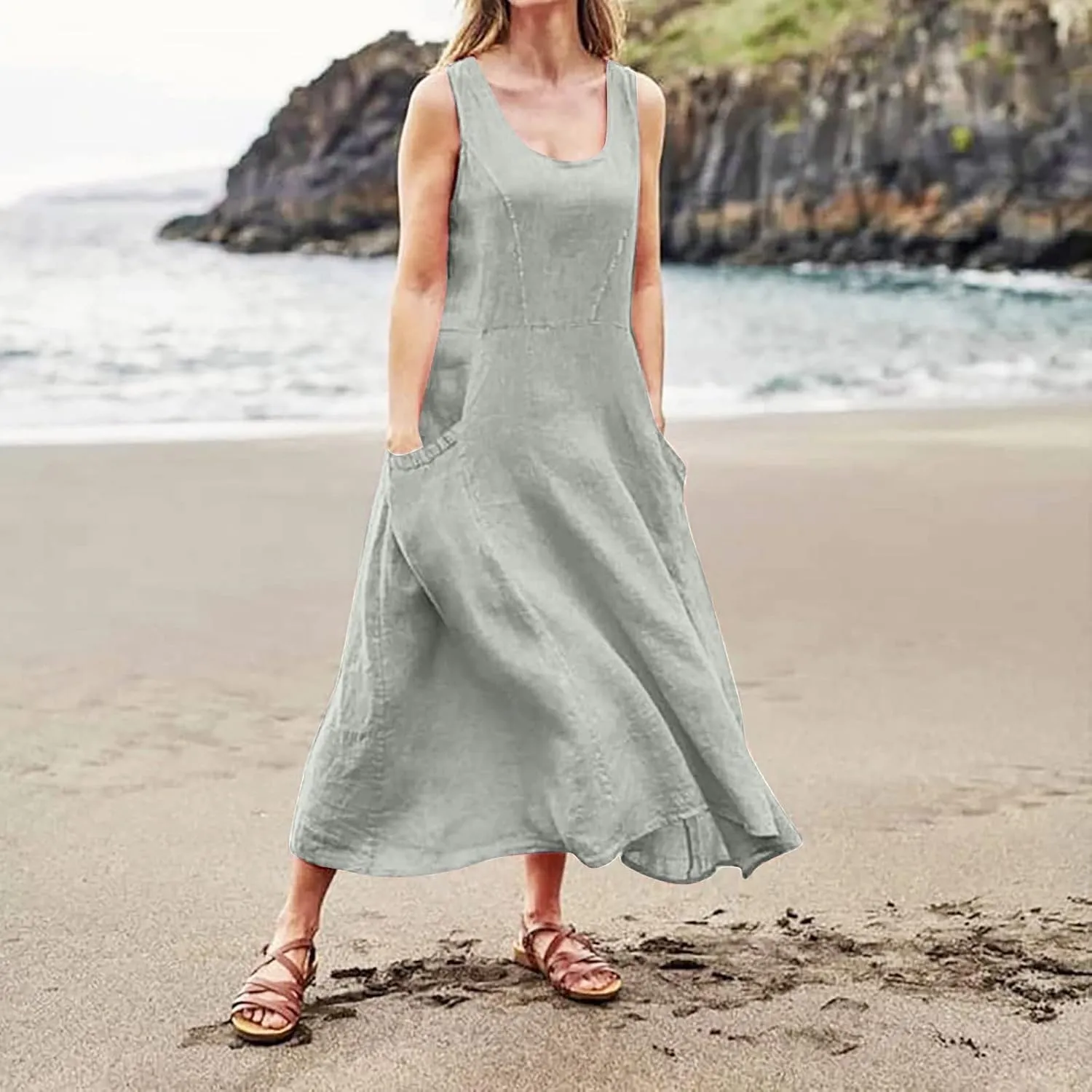 Summer Dresses for Women 2025 Cotton Linen Sleeveless Maxi Tank Dress Casual Beach Plus Size Sundresses with Pockets