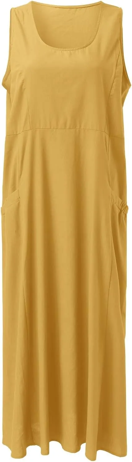 Summer Dresses for Women 2025 Cotton Linen Sleeveless Maxi Tank Dress Casual Beach Plus Size Sundresses with Pockets