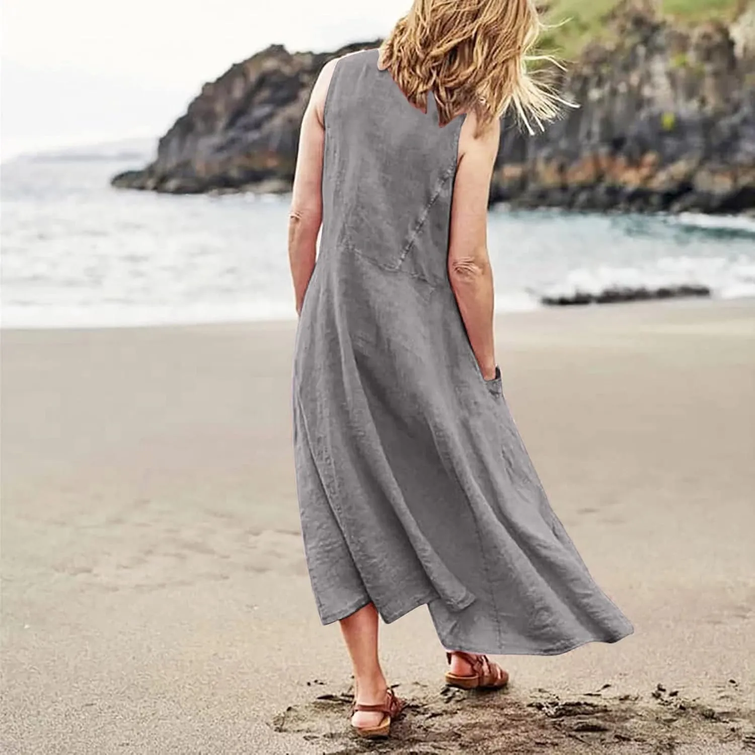 Summer Dresses for Women 2025 Cotton Linen Sleeveless Maxi Tank Dress Casual Beach Plus Size Sundresses with Pockets