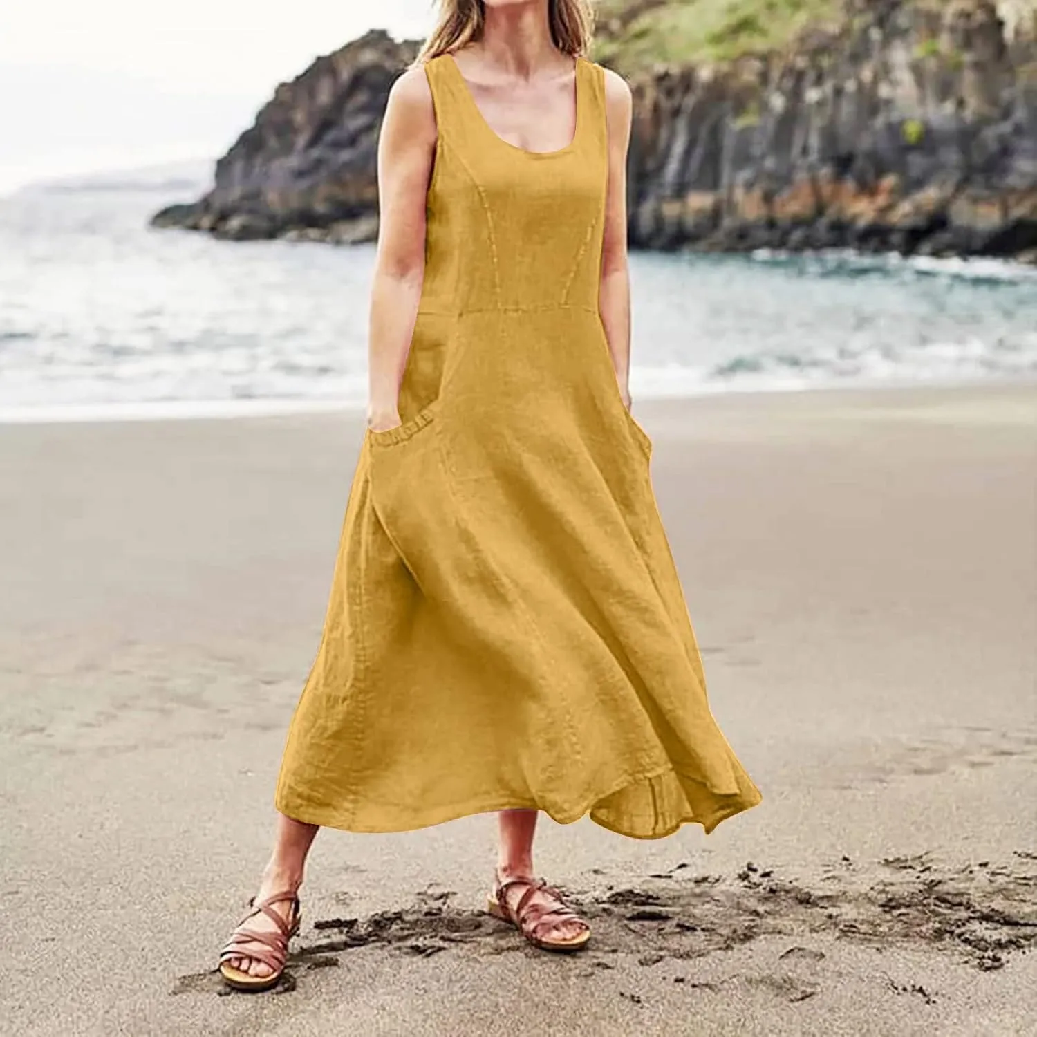 Summer Dresses for Women 2025 Cotton Linen Sleeveless Maxi Tank Dress Casual Beach Plus Size Sundresses with Pockets