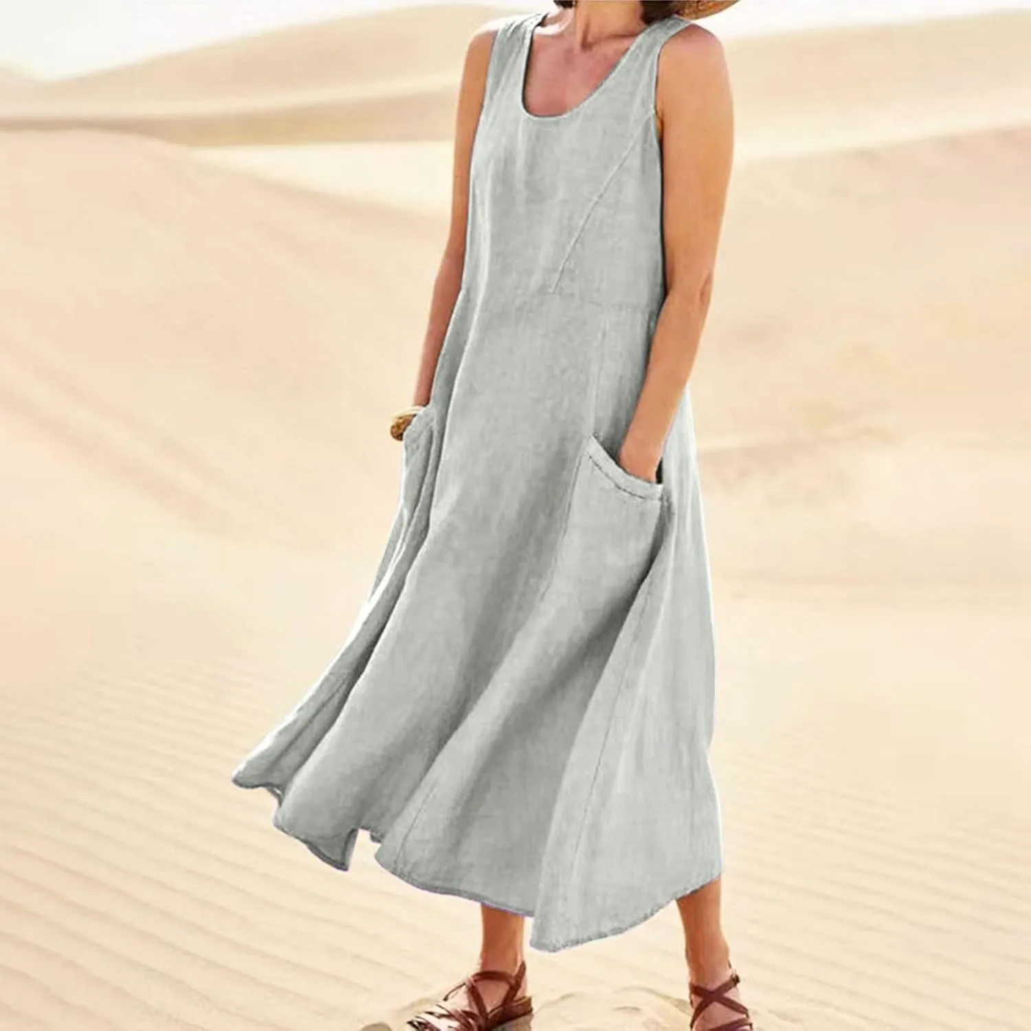 Summer Dresses for Women 2025 Cotton Linen Sleeveless Maxi Tank Dress Casual Beach Plus Size Sundresses with Pockets
