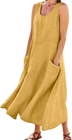 Summer Dresses for Women 2025 Cotton Linen Sleeveless Maxi Tank Dress Casual Beach Plus Size Sundresses with Pockets
