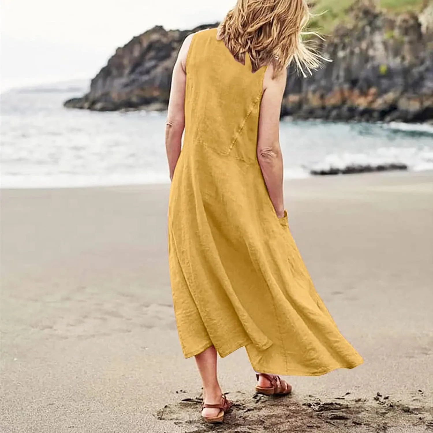 Summer Dresses for Women 2025 Cotton Linen Sleeveless Maxi Tank Dress Casual Beach Plus Size Sundresses with Pockets