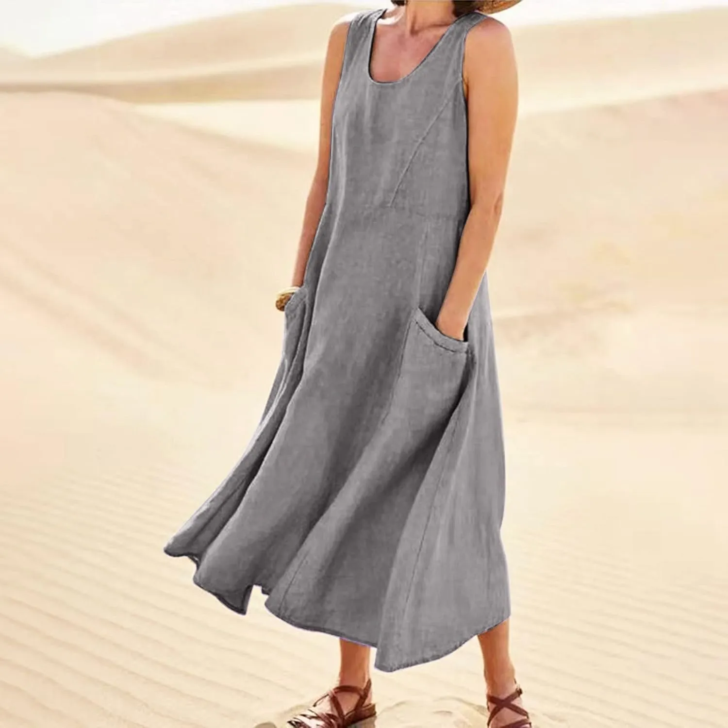 Summer Dresses for Women 2025 Cotton Linen Sleeveless Maxi Tank Dress Casual Beach Plus Size Sundresses with Pockets