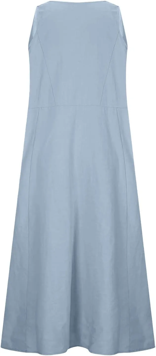Summer Dresses for Women 2025 Cotton Linen Sleeveless Maxi Tank Dress Casual Beach Plus Size Sundresses with Pockets