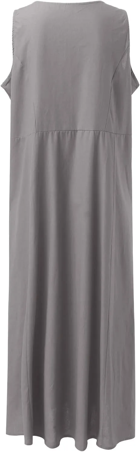 Summer Dresses for Women 2025 Cotton Linen Sleeveless Maxi Tank Dress Casual Beach Plus Size Sundresses with Pockets