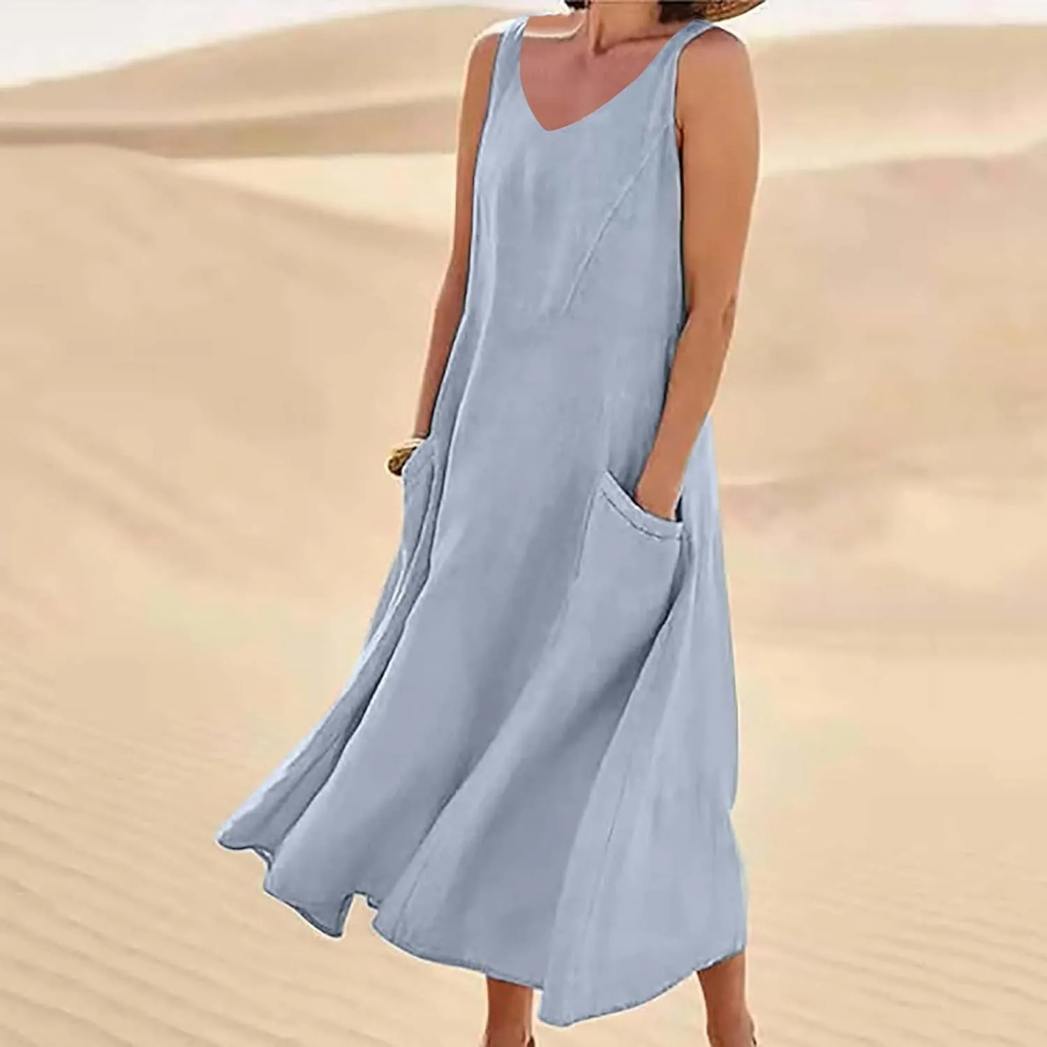 Summer Dresses for Women 2025 Cotton Linen Sleeveless Maxi Tank Dress Casual Beach Plus Size Sundresses with Pockets