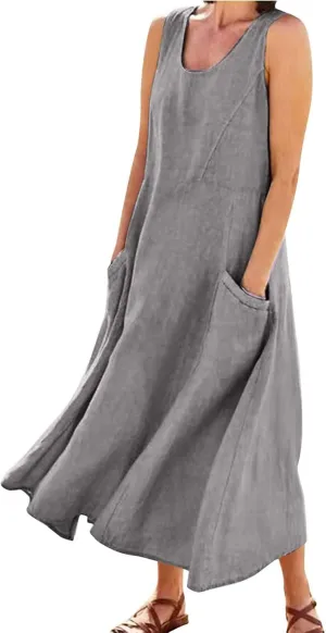 Summer Dresses for Women 2025 Cotton Linen Sleeveless Maxi Tank Dress Casual Beach Plus Size Sundresses with Pockets