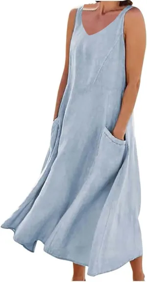 Summer Dresses for Women 2025 Cotton Linen Sleeveless Maxi Tank Dress Casual Beach Plus Size Sundresses with Pockets