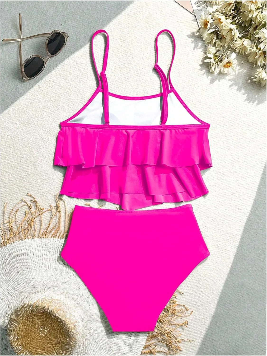 SweatyRocks Women's 2 Piece Swimsuit Ruffle High Waist Tummy Control Bathing Suit