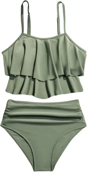 SweatyRocks Women's 2 Piece Swimsuit Ruffle High Waist Tummy Control Bathing Suit