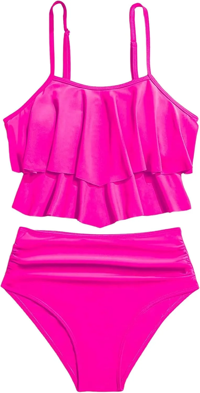 SweatyRocks Women's 2 Piece Swimsuit Ruffle High Waist Tummy Control Bathing Suit