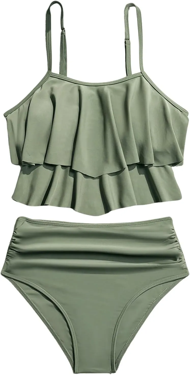 SweatyRocks Women's 2 Piece Swimsuit Ruffle High Waist Tummy Control Bathing Suit