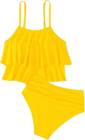 SweatyRocks Women's 2 Piece Swimsuit Ruffle High Waist Tummy Control Bathing Suit