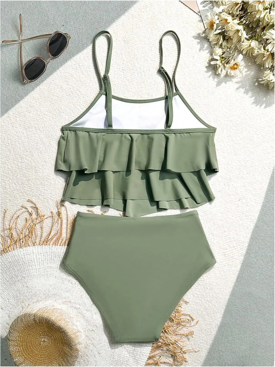 SweatyRocks Women's 2 Piece Swimsuit Ruffle High Waist Tummy Control Bathing Suit