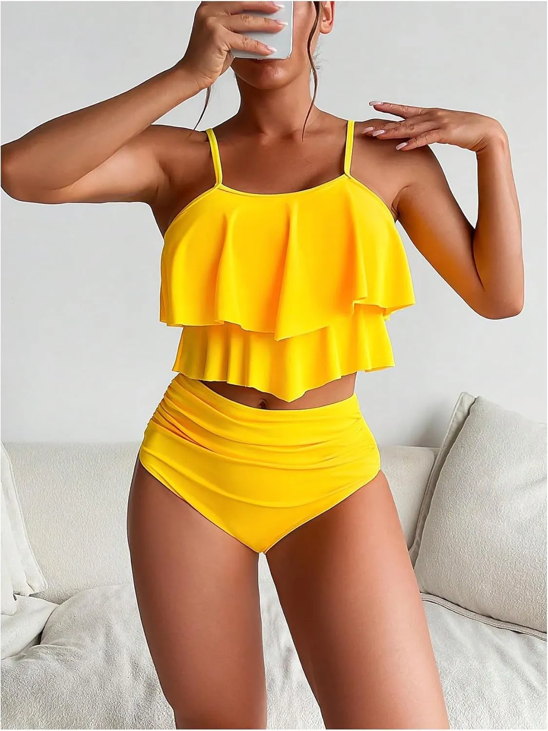 SweatyRocks Women's 2 Piece Swimsuit Ruffle High Waist Tummy Control Bathing Suit