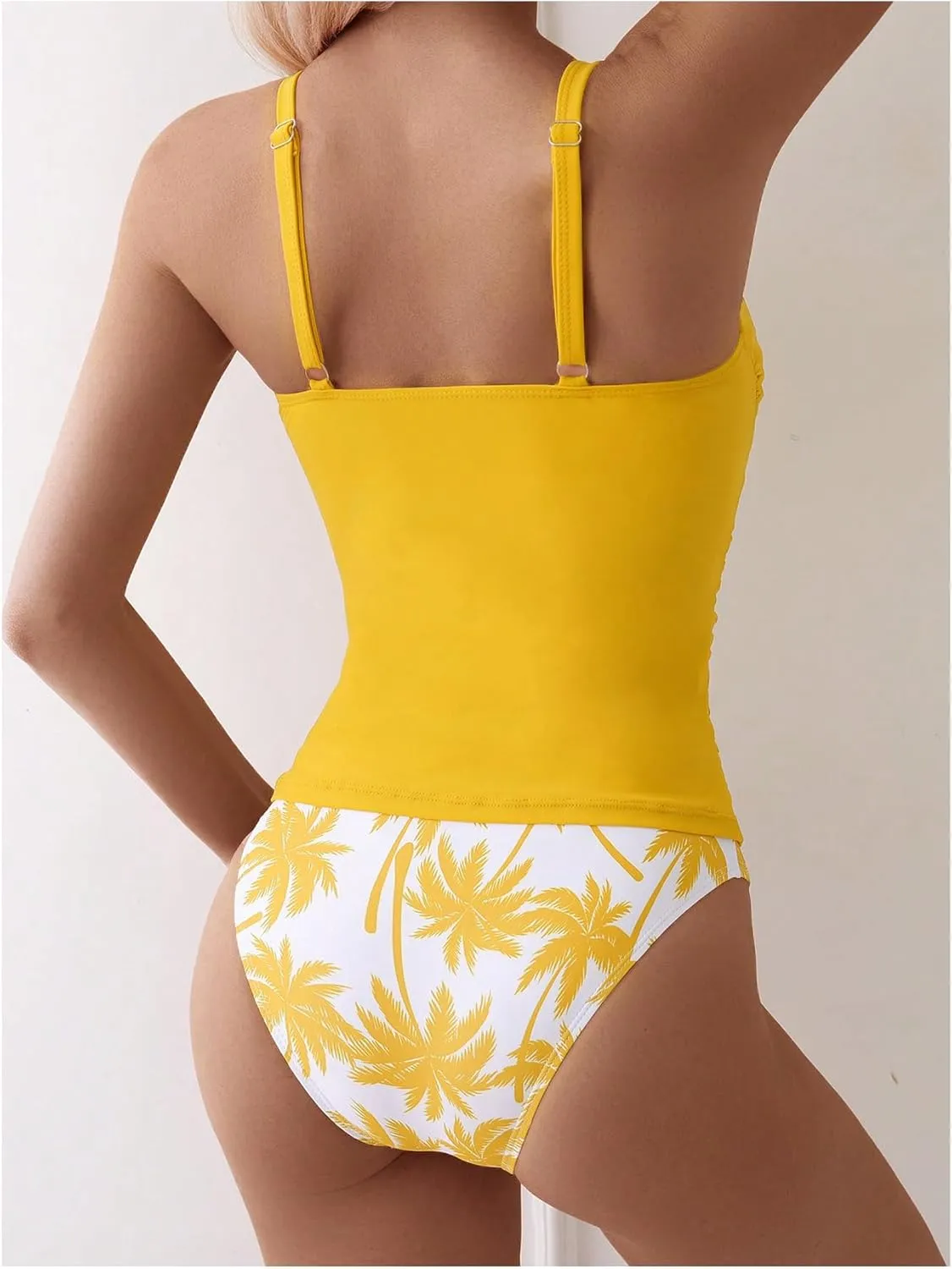 SweatyRocks Women's Ruched Tropical Print Tankini Set High Cut Boho 2 Piece Swimsuit