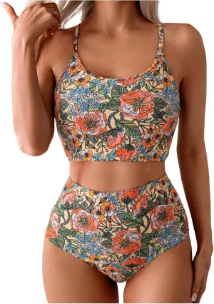SweatyRocks Women's Swimsuit Floral Print High Waisted Bikini Set Two Piece Bathing Suit