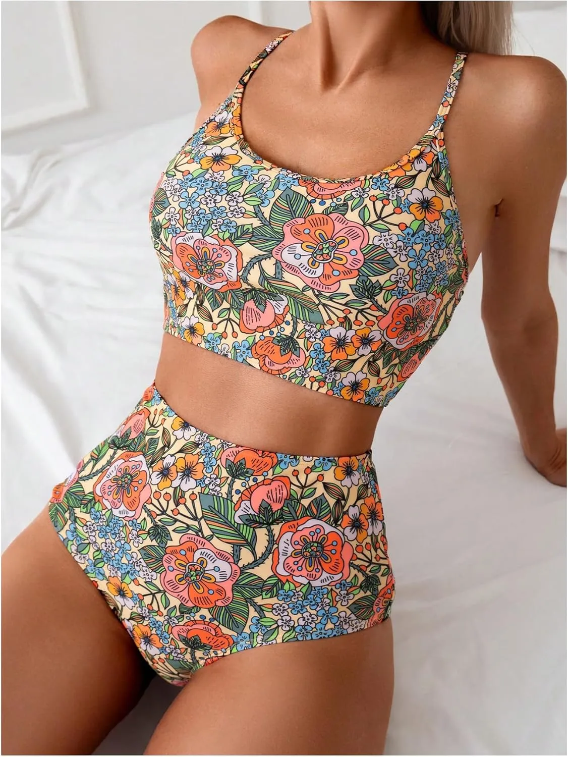 SweatyRocks Women's Swimsuit Floral Print High Waisted Bikini Set Two Piece Bathing Suit