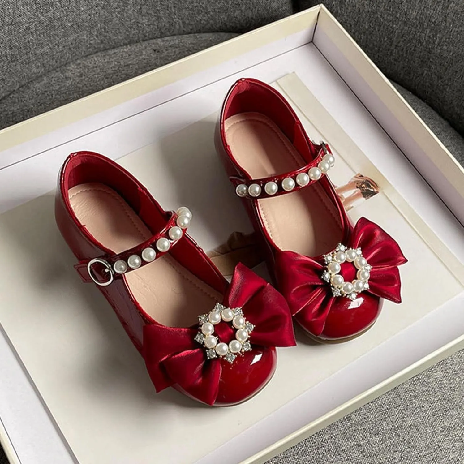Toddler Girls Dress Shoes with Pearls Bow Mary Jane Flats Flower Girl Shoes for Wedding Party Toddler Dress up Shoes