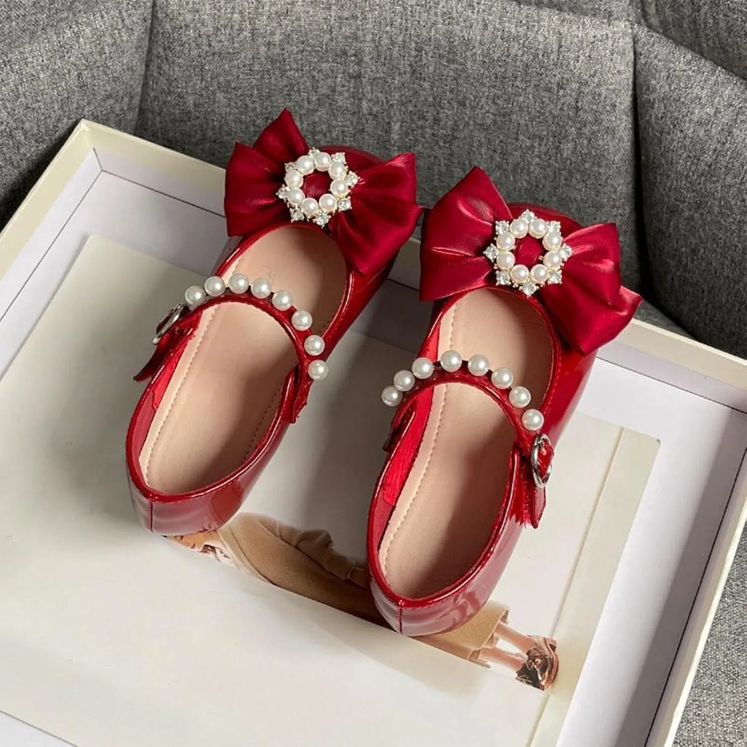 Toddler Girls Dress Shoes with Pearls Bow Mary Jane Flats Flower Girl Shoes for Wedding Party Toddler Dress up Shoes