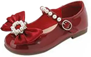 Toddler Girls Dress Shoes with Pearls Bow Mary Jane Flats Flower Girl Shoes for Wedding Party Toddler Dress up Shoes