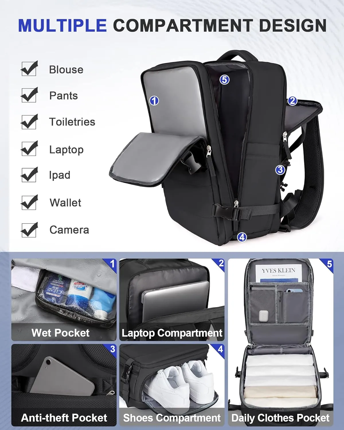 Travel Backpack For Women Men Carry On Backpack Flight Approved Gym Bag With Shoe Compartment Hiking Waterproof Laptop College Backpacks Essentials black