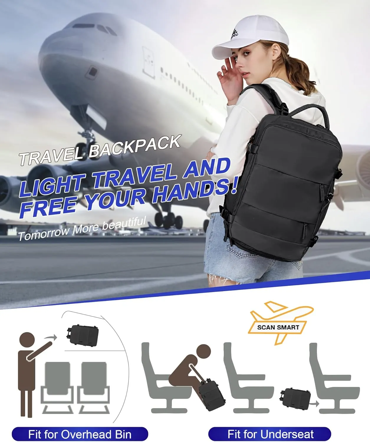 Travel Backpack For Women Men Carry On Backpack Flight Approved Gym Bag With Shoe Compartment Hiking Waterproof Laptop College Backpacks Essentials black