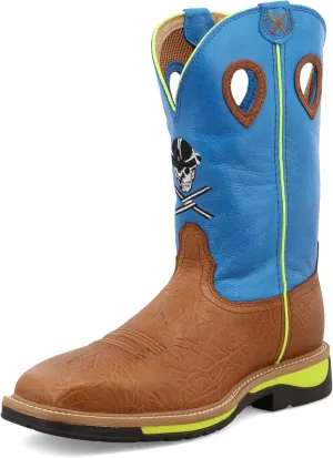 Twisted X Men's 12" Western Work Boot, Square Toe Steel Toe, Brown Oiled Shoulder & Neon Blue, 8 EE