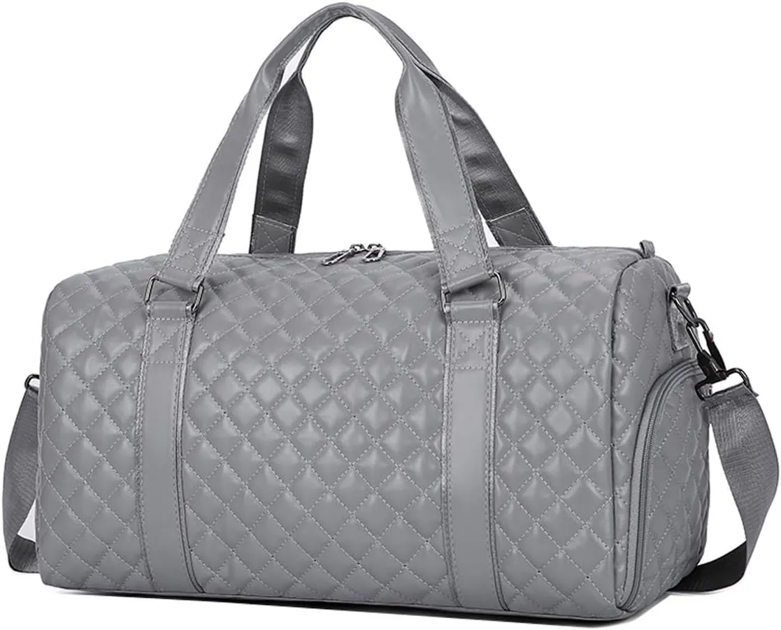 Vegan Leather Women Gym Bag Quilted Duffel Bag with Shoe Compartment, Waterproof Pocket Sports Travel Weekender Bag (Black, 35L), Gray